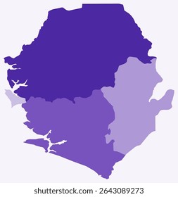 Mapa de Serra Leoa com regiões. Apenas um simples mapa de fronteira de país com divisão de região. Paleta de cores roxo profundo. Forma plana de Serra Leoa com divisão administrativa. Ilustração vetorial.