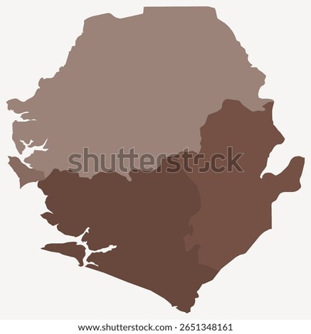 Map of Sierra Leone with regions. Just a simple country border map with region division. Brown color palette. Plain Sierra Leone shape with administrative division. Vector illustration.