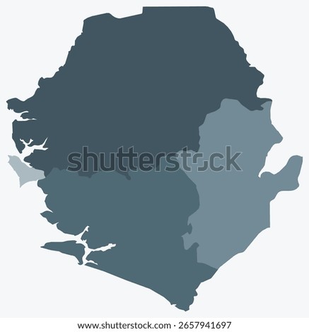 Map of Sierra Leone with regions. Just a simple country border map with region division. Blue grey color palette. Blank Sierra Leone shape with administrative division. Vector illustration.