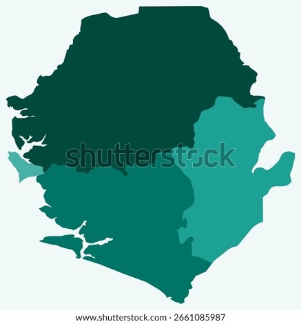 Map of Sierra Leone with regions. Just a simple country border map with region division. Teal color palette. Plain Sierra Leone shape with administrative division. Vector illustration.
