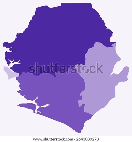 Map of Sierra Leone with regions. A simple country border map with regional divisions. Features a deep purple color palette. Flat design with administrative divisions. Vector illustration.