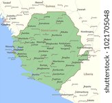 Map of Sierra Leone. Shows country borders, urban areas, place names and roads. Labels in English where possible.Projection: Mercator.