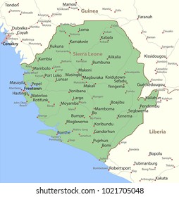 Map of Sierra Leone. Shows country borders, urban areas, place names and roads. Labels in English where possible.
Projection: Mercator.