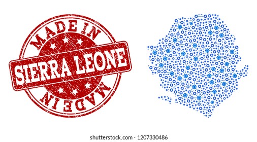 Map of Sierra Leone vector mosaic and Made In grunge stamp. Map of Sierra Leone created with blue wheel links. Made in red seal with distress rubber texture.