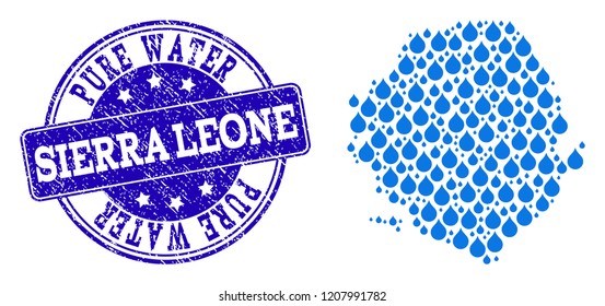 Map of Sierra Leone vector mosaic and Pure Water grunge stamp. Map of Sierra Leone formed with blue water drops. Seal with corroded rubber texture for pure drinking water.