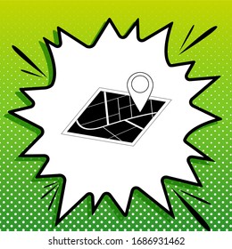 Map sign. Black Icon on white popart Splash at green background with white spots. Illustration.