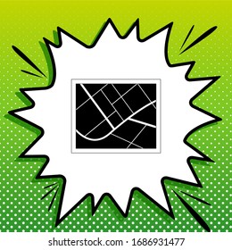 Map sign. Black Icon on white popart Splash at green background with white spots. Illustration.