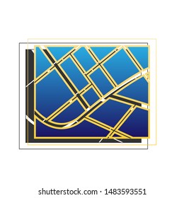Map sign. Blue icon with gold contour with dark gray shadow at white background. Illustration.