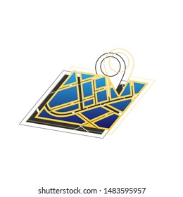 Map sign. Blue icon with gold contour with dark gray shadow at white background. Illustration.