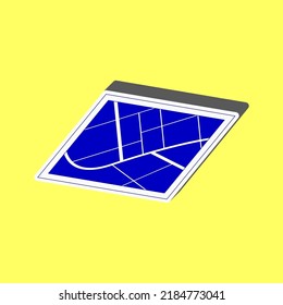 Map sign. Blue Icon with white stroke in 3d at yellow Background. Illustration.