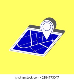 Kartenzeichen. Blaues Symbol mit weißem Schlaganfall in 3D auf gelbem Hintergrund. Illustration.