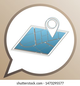 Map sign. Bright cerulean icon in white speech balloon at pale taupe background. Illustration.