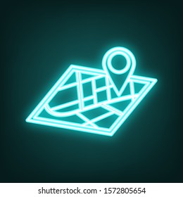 Map sign. Cyan neon icon in the dark. Bluring. Luminescence. Illustration.