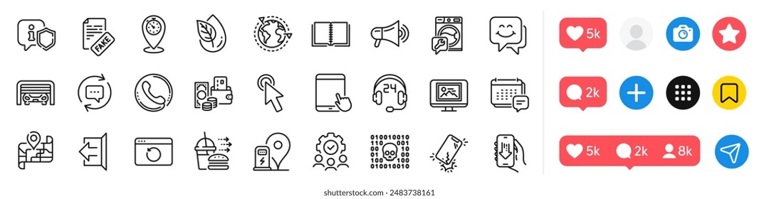 Map, Sign out and Photo thumbnail line icons pack. Social media icons. Shield, Update comments, Teamwork web icon. Binary code, Cursor, Book pictogram. Vector