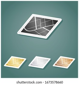 Map sign. Set of metallic Icons with gray, gold, silver and bronze gradient with white contour and shadow at viridan background. Illustration.