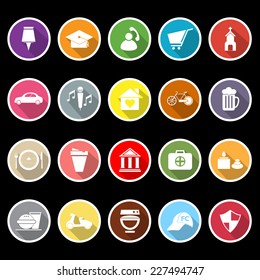 Map sign and symbol flat icons with long shadow, stock vector