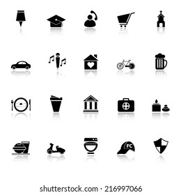Map sign and symbol icons with reflect on white background, stock vector