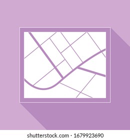 Map sign. White Icon with long shadow at purple background. Illustration.