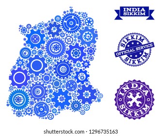 Map of Sikkim State designed with blue gear symbols, and isolated scratched watermarks for official repair services. Vector abstract mosaic of map of Sikkim State with repair symbols in blue shades.