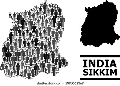 Mapa del estado Sikkim para agitación nacional. Mosaico demográfico vectorial. Mapa mosaico del estado de Sikkim diseñado de elementos sociales. Esquema demográfico en variaciones de color gris oscuro.