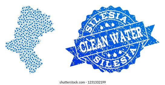 Map of Silesia Voivodeship vector mosaic and clean water grunge stamp. Map of Silesia Voivodeship formed with blue aqua tears. Seal with distress rubber texture for clean drinking water.