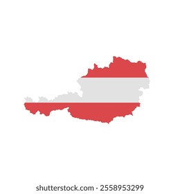 Map silhouette of Austria filled with the Austrian flag design, featuring horizontal red and white stripes on a clean white background.