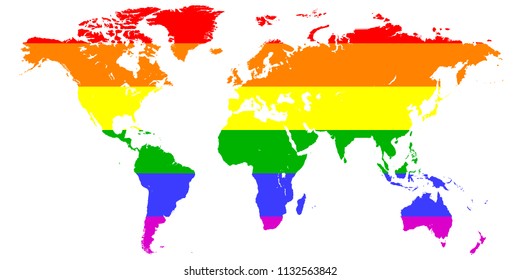 map silhouette of the continents of earth painted in the colors of the rainbow LGBT flag, LGBT vector color background, the concept of protection of the rights of sexual minorities