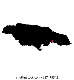 Map silhouette of Jamaica with capital city