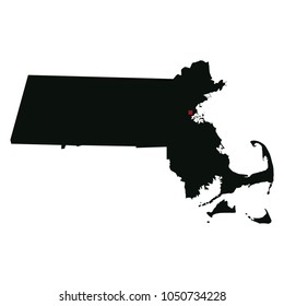 Map silhouette of state of Massachusetts with capital city