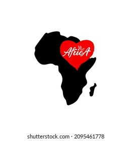 Map silhouette with texture red heart with word Africa.Hand lettering design. As template of company logo, t shirt print, banner. Black color. Vector illustration