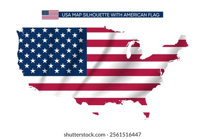 Map silhouette of the United States filled with the American flag design, symbolizing patriotism, nationalism, and unity.
