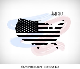 Map silhouette of the USA with the national flag of United States of America. Independence Day black vector illustration. 4th of July patriotic design for laser cut, print, mug, t shirt, poster.
