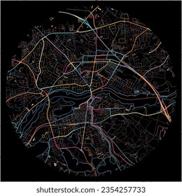 Map of Silkeborg with all major and minor roads, railways and waterways. Colorful line art on black background.