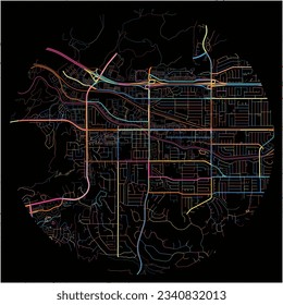 Map of SimiValley, California with all major and minor roads, railways and waterways. Colorful line art on black background.