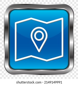 Map simple icon vector. Flat design. Metal, blue square button. Transparent grid.ai