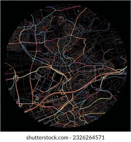 Map of Sindelfingen, Baden-Wuerttemberg with all major and minor roads, railways and waterways. Colorful line art on black background.