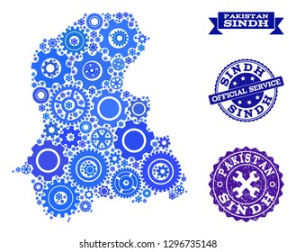 Map of Sindh Province designed with blue gear items, and isolated rubber watermarks for official repair services. Vector abstract collage of map of Sindh Province with work symbols in blue color hues.