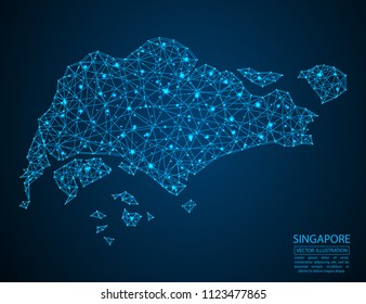 A map of Singapore consisting of 3D triangles, lines, points, and connections. Vector illustration of the EPS 10.