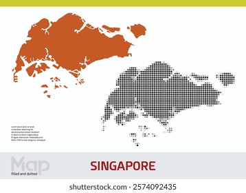 A map of Singapore in dual designs, featuring brown-filled details and black abstract dotted patterns, isolated on a white background