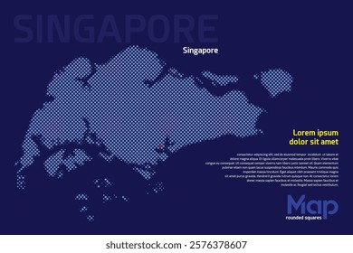 Map of Singapore featuring rounded squares with light blue color. The name of the capital marked with a red square. Isolated on a dark blue background. Perfect for various design projects
