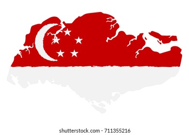 Map of Singapore with Flag. Hand Painted with Brush. Vector Illustration.