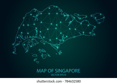 Map of Singapore - With glowing point and lines scales on the dark gradient background, 3D mesh polygonal network connections.Vector illustration eps 10.