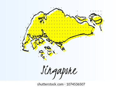 Map of Singapore, halftone abstract background. The black dots on a yellow background. drawn border line. vector illustration