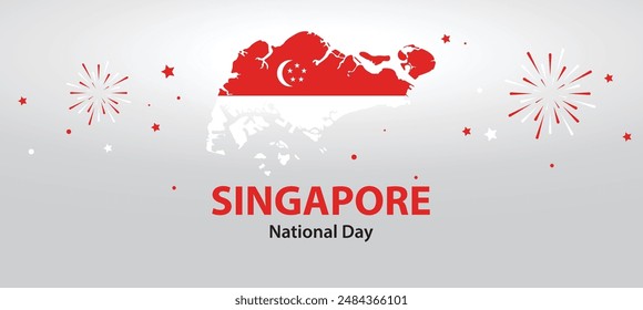 Mapa de Singapur con bandera nacional y fuegos artificiales por el Día de la Independencia