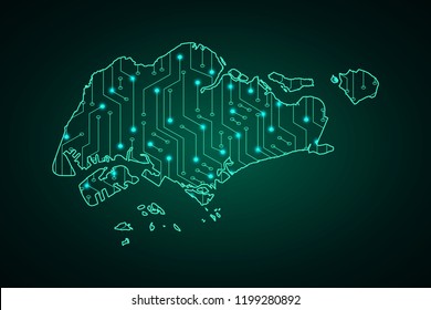 Map of Singapore, network line, design sphere, dot and structure on dark background with Map Singapore, Circuit board. Vector illustration. Eps 10