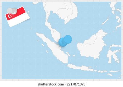 Map of Singapore with a pinned blue pin. Pinned flag of Singapore, vector illustration.