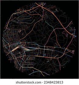 Map of SingenHohentwiel, Baden-Wuerttemberg with all major and minor roads, railways and waterways. Colorful line art on black background.