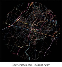 Map of Sittingbourne, South East England with all major and minor roads, railways and waterways. Colorful line art on black background.