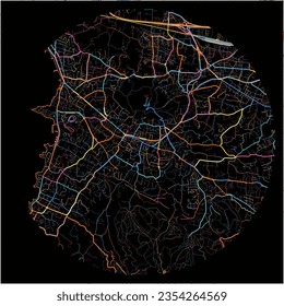 Map of Six-Fours-les-Plages, Var with all major and minor roads, railways and waterways. Colorful line art on black background.