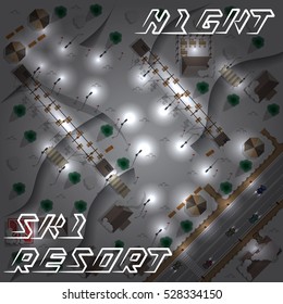 Map of the ski resort. Night. View from above. Vector illustration.